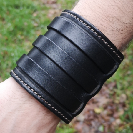 Bracelet de Force - Noir - Couture marron - Trois sangles