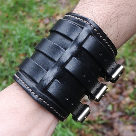 Bracelet de Force - Noir - Couture marron - Trois sangles